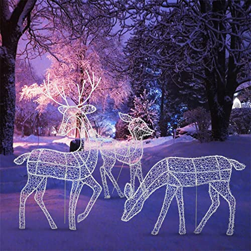 belupai 3 Pezzi Set Famiglia di Cervi di Natale Illuminati, Decorazioni Natalizie per Famiglia di Renne Illuminate per Esterni, Scultura di Renna Rustica in Metallo 2D Pre Illuminata con LED(Bianco)