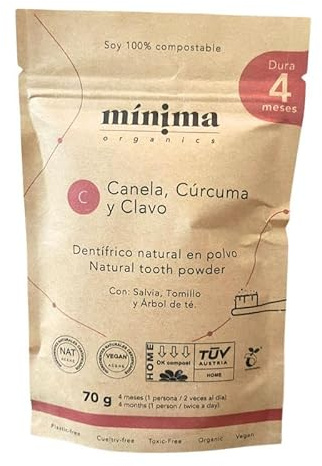 Mínima Organics - Pasta de dientes sin flúor en polvo | Dentrífico natural antimanchas y aliento fresco | Crema dental sin fluor bio, mejor pasta de dientes, bolsa compostable ahorro.