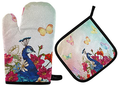 Ofenhandschuhe Frühlings-Pfauenschmetterlings-Sommer-Bunte Blume Topflappen Set Thermoisolierung Topfhandschuhe Waschbare Grillhandschuhe Für Kochen BBQ Backen