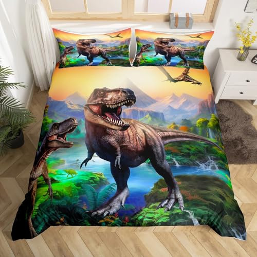 Homewish Kids Dinosaur Double Duvet Set Cartoon Jungle Dino Bedding Double Bed Set,3D Ancient Animals Quilt Cover Dinosaur Room Decor for Boys Men, Bedding & Linen Zipper 2 Pillow Cases