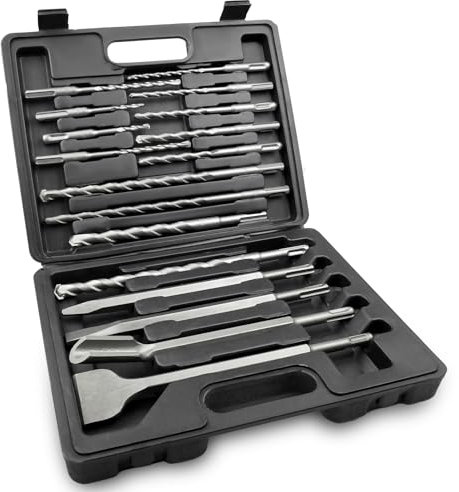 RENYU 17Pcs Rotary Hammer Drill Bits and Chisel Sets, SDS Plus Carbide Tipped Masonry Drill Bit for Concrete, Stone, Brick, with Storage Case (17)