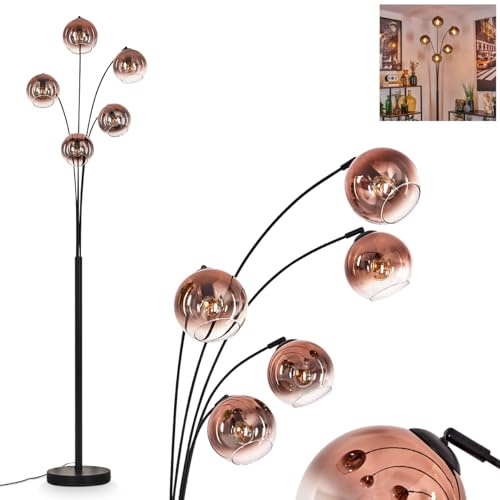 Stehleuchte Koyoto, Stehlampe aus Metall/Glas in Schwarz/Kupfer/Klar, Leuchte im modernen Retro/Vintage-Design mit Schirmen aus Glas (Ø 15 cm) u. Fußschalter, Höhe 210 cm, 5 x E14, ohne Leuchtmittel