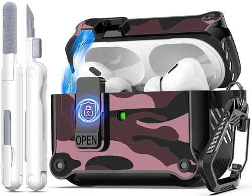 R-fun kompatibel mit AirPods Pro 2 Hülle (Auto Pop-Up-Deckel) mit Reinigungsset, kompatibel mit Airpods Pro 2./1. Gen(2023/2022/2019), für Airpods Pro Hülle (USB-C/Lightning-Kabel),Rote Tarnung