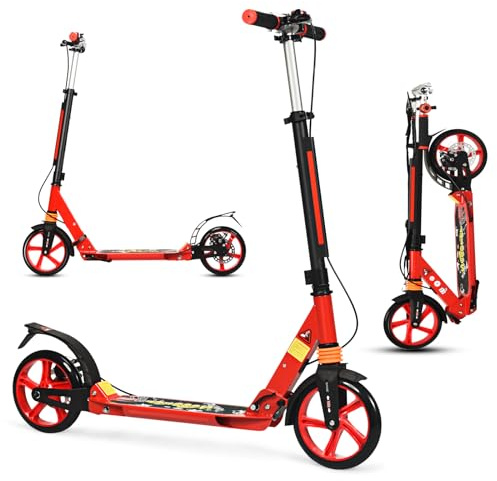 KOMFOTTEU Pedalsparkcykel, hopfällbar och höjdjusterbar, skoter med PU-hjul och king, sparkcykel, stadsskoter, inkl. stativ och bärrem, skoter för barn, upp till 100 kg (röd)