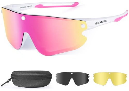 Odoland Lunettes de Cyclisme Magnétiques avec Lentilles Grises Polarisées Lunette de Velo Magnétiques avec 2 Lentilles Remplaçables pour Cyclisme Conduite Randonneé Homme Femme Adulte, Rose
