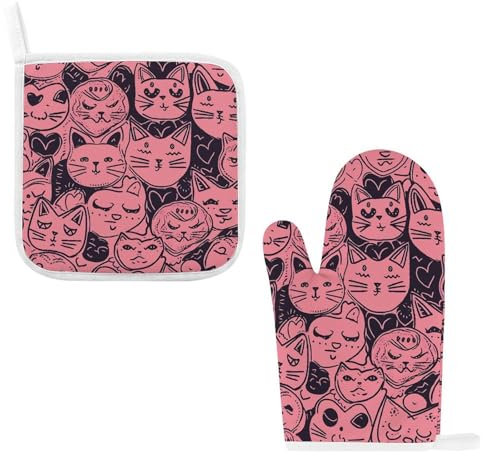 Set di 2 guanti da forno e presine a forma di cuore e gatto, resistenti al calore, guanti da cucina e cuscinetti caldi, antiscivolo, impermeabili, per cottura al forno, barbecue