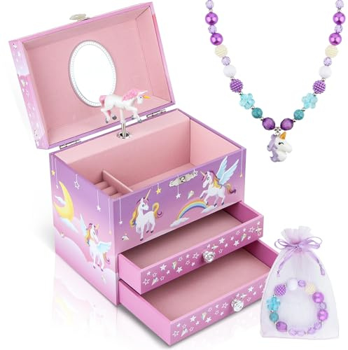 Anyiner Boîte à Bijoux Musicale Pour Filles – Boîte à Musique Ballerine Avec 2 Tiroirs Coulissants, Boîte à Bijoux Pour Enfants, Cadeau d'Anniversaire Pour Enfants De 3 à 10 Ans(Poney Rose)