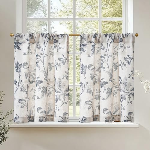 TOPICK Schiebevorhänge Leinen Küchengardinen 90 cm Vintage Floral Tier Fenstergardinen Bauernhaus Cafe Fenster Vorhänge Lichtfilterung Kurzstores für Waschraum Badezimmer 2 Panels Blau