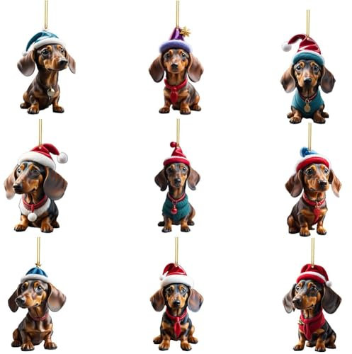 Dackel Weihnachtsbaumschmuck, 9 Stück Dackel Weihnachtsbaumschmuck, Dackel Weihnachtsanhänger, 2D Cute Acryl Tannenbaumschmuck WeihnachtsanhäNger, Weihnachtsbaum Hängende Ornament für Feiertage