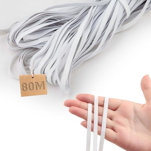 TXXATX 6 mm Elastico 80 m Goma Elastica Cordon Blanca Goma Elastica Costura Cinta Elastica Costura de Poliéster y Goma para DIY Manualidades Costura