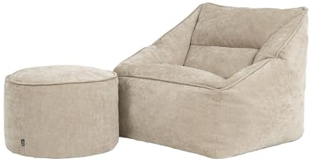 Icon Natalia Sitzsack Sessel mit Hocker für Erwachsene, Beige, Flauschiger Chenille-Stoff, Riesen Sitzsack mit Füllung, Bean Bag Chair, Bequemer Sessel Wohnzimmer, Lounge, Schlafzimmer, Büro