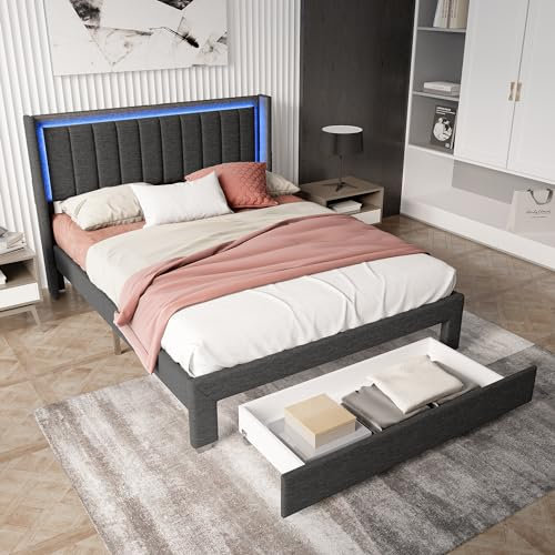 KeepGoon Doppelbett 140 x 200 cm, Nachttischlampe mit USB-Anschluss, Schublade am Ende des Bettes, Kopfteil mit vertikalen Streifen, mit Lattenrost,Schubladenbett Gästebett Jugendbett, Leinensto