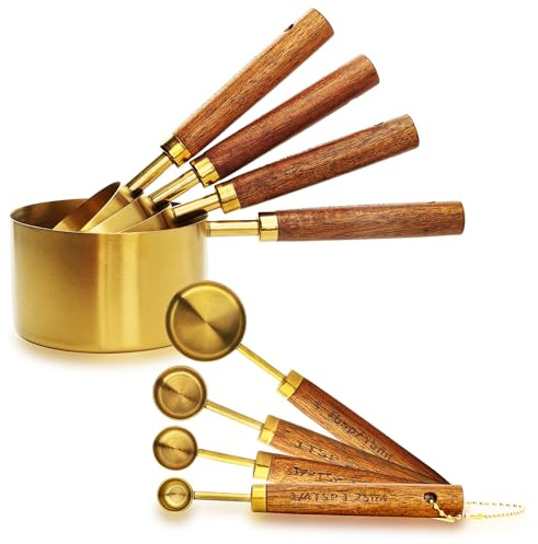 Measuring Cups and Spoons Set - Gold Measuring Spoons with Acacia Wood Handle - Metal Measuring Cups Set for Cooking Baking - Set of 10 pcs