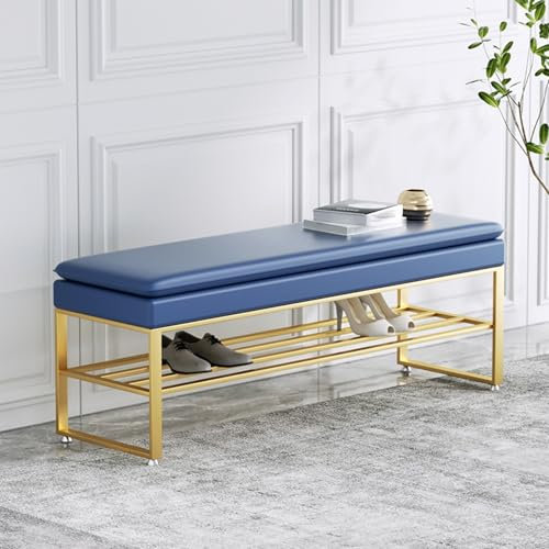 Schuhregal mit 2 Etagen, Sitzbank mit Eingangsbereich, Metallrahmen, Bettbank für Wohnzimmer, Flur, Haustür, Blau / Gold (80 cm)