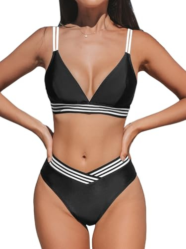 CUPSHE Bikini för kvinnor, V-ringning, ränder, låg midja, V-formad omlottlook, tvådelad baddräkt, badmode för sommar och strand, Svart/vit, M
