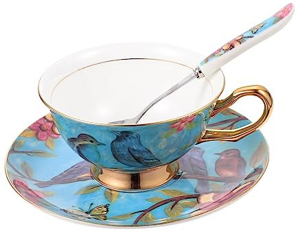 ABOOFAN Taza De Café Con Platillo y Cuchara Juego 1 Unidad Porcelana China Estilo Europeo Floral Multicolor Para Té y Café Uso Doméstico y Reuniones