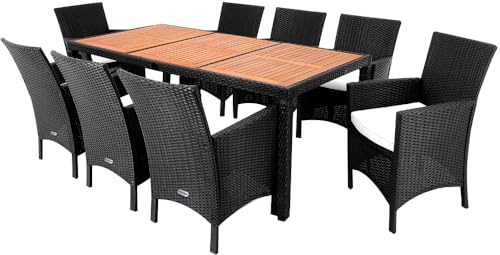 Casaria® Gartenmöbel Set 8 Stühle inkl. 7cm Auflagen extra Breit mit Tisch 190x90cm Outdoor Terrassenmöbel Wetterfest Polyrattan Akazie Holz Essgruppe Garten Balkon Lounge