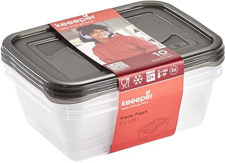 keeeper Fredo Set de 3 cajas con tapa para alimentos, 3 x 1,25 L, Gris cristal (Transparente)