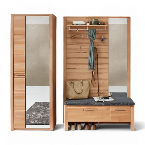 Nature ONE Flurgarderoben Set Kernbuche Teilmassiv 209 x 201 x 40 cm | 3-teiliges Garderobenset, FSC-zertifiziert, bestehend aus Garderobenschrank, Paneel und Schuhbank, Metallgriffe Garderobe Set
