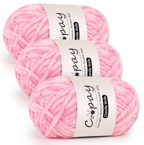 Coopay Lana de chenilla para crochet, 3 x 100 g de hilo de chenilla aterciopelado, grueso y mullido, suave, hilo de chenilla suave, para cobijas, bufandas, rosa