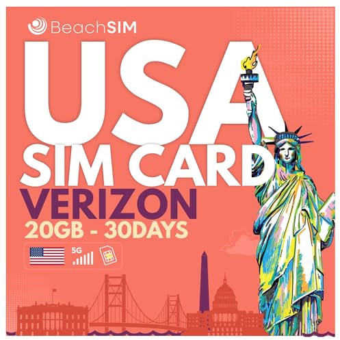 BeachSIM Tarjeta SIM USA 30 dias.20 GB a Velocidad 4G/5G. Solo Datos prepagados. Activación rápida. Recarga fácil. Compatible con iOS y Android.