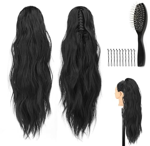 WJMY vågig ponytail förlängning (svart), lockig 60 cm fläta förlängning hårförlängning, fluffig och lätt, hårdel, syntetiskt hår, för kvinnor kvinnor, med kam och klämmor