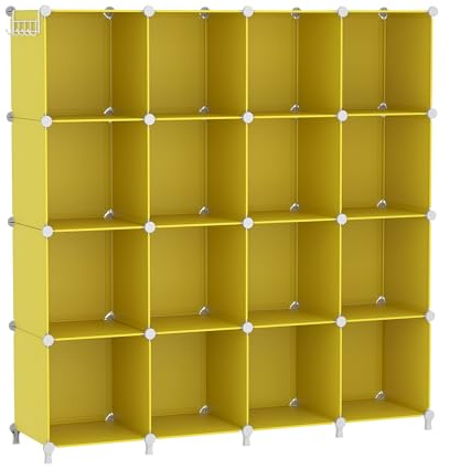 AWTATOS Kleiderschrank mit 16 Würfeln, Storage Shelves, DIY Regal Würfel | PP Steckregal Kunststoff, Kinderregal, Spielzeugregal, Faltschrank, Shelves, Standregal, Gelb