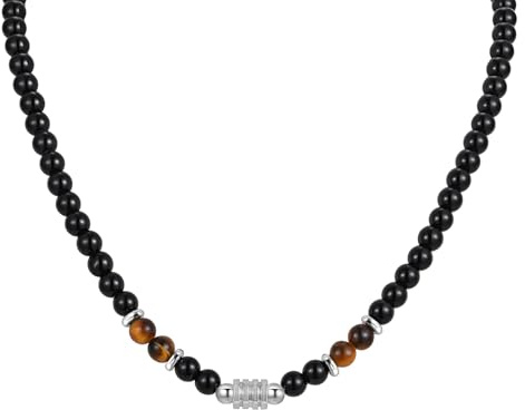 meberg Karma NH11209343 Perlenkette Schwarz Edelstahl 50 cm Perlen Tiger Eye Akzente Herren Kette Herrenschmuck Männer Herrenhalskette Geschenk für Ihn