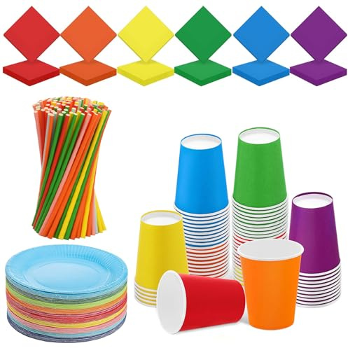 Lot de 240 assiettes en carton colorées arc-en-ciel, assiettes en carton, gobelets, serviettes, pailles, fournitures de fête jetables pour les fêtes, les mariages, les anniversaires