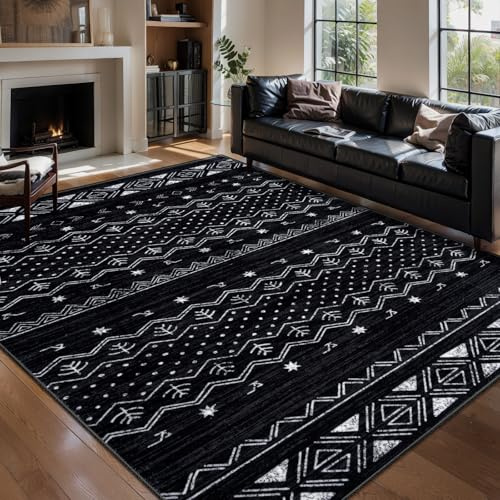 SERISSA 6x9 Area Rugs for Living Room, Washable Non-Slip Black and White Boho Rug, Soft Low-Pile Geometric Indoor Large Carpet for Dining Room Bedroom Home Office Playroom