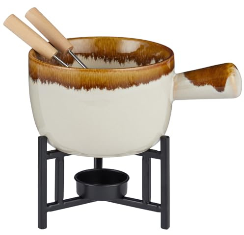 BUTLERS Schokoladenfondue 490 ml Steinzeug - AU CHOCOLAT - | Farbe Beige - reaktive Glasur im Retro Look - Gabeln mit Eichenholzgriff - stabiles Set für Schokolade & Obst