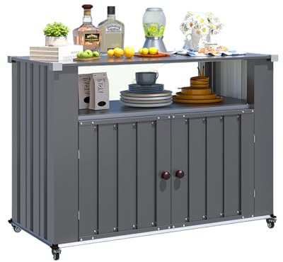 YODOLLA Rolling Outdoor Kitchen Island & Bar Cart, Lockable 2-Door Storage Cabinet with Wheels for BBQ Patio Backyard Toolroom Kitchen - 111cm