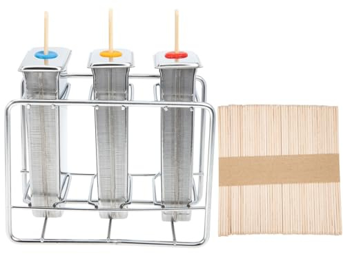 Housoutil Moule à Glace en Acier Inoxydable 3 Pièces avec Support Moule à Sucettes Glacées Maison Réutilisable pour Fabrication de Glace à L’Eau Accessoire la Cuisine Été