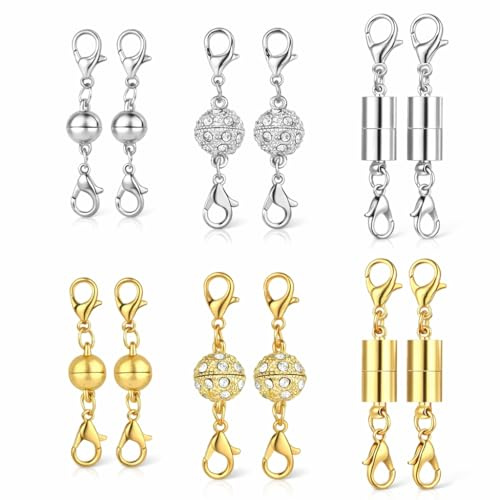 ACKKOR 12 Piezas Cierre Magnético para Joyas, Cierres Magnéticos de Oro y Plata para Collares con Doble Mosquetón, Conectores de Bola y Cilíndricos para Pulseras