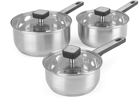Salter Expert 3-Piece Saucepan Set – 16/18/20 cm Cooking Pots with Glass Lids, PPAS-Free Stainless Steel, Cool Touch Heat-Resistant Handles, Even Heating, Induction Suitable