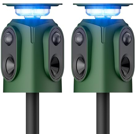 Sodwot Lot de 2 répulsifs solaires à ultrasons pour chats - Répulsif à 360° - Avec lumière LED - Répulsif contre les martres - Étanchéité IP65 - 5 modes - Pour chiens, martres, souris, oiseaux