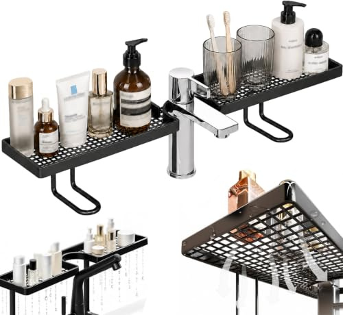 Tencipeda Étagère de Rangement pour Robinet d'évier, autoportante et sans perçage, avec bac d'égouttage intégré, idéale pour la Cuisine et la Salle de Bain (Black)