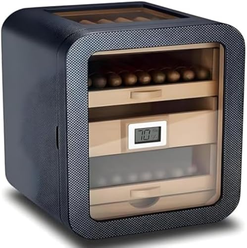 Armario humidificador con tapa de cristal, 4 cajones y humidificador, caja de almacenamiento de madera de nogal forrada de cedro español, capacidad para 110 puros para entusiastas de los puros