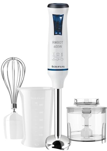 Taurus - Batidora de mano Robot 600 Plus Inox, 600W de potencia, 20 velocidades y Turbo, Cuchilla de acero inoxidable, Turbo Rotation System, Ergonómico, Incluye accesorios, Azul y blanco