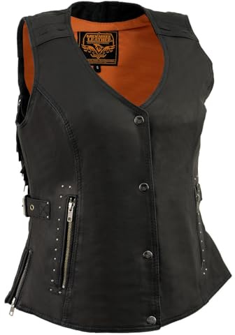 Milwaukee Leather MLL4565 Women's Black Fringed Leather Rivet Detail Side Buckle and Zipper Motorcycle Rider Vest - Medium