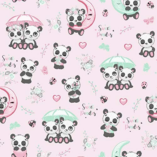 11,99€/m Panda 100% Baumwolle Baumwollstoff Kinder Meterware Handwerken Nähen Stoff (Panda Regenschirm Rosa, 100x160cm (11,99€/m))