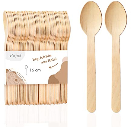wisefood Cuillères jetables en bois de bouleau, 20 pièces Cuillères en bois jetables 16cm, Couverts jetables biodégradables, Naturels, stables, écologiques avec emballage sans plastique