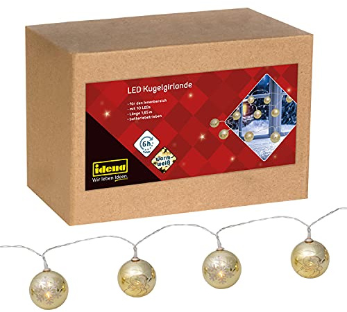 Idena Ghirlanda LED con 10 LED in Palline di Natale Dorate, Bianco Caldo, a Batteria, con Funzione Timer di 6 Ore, Luci Fiabesche come Decorazione Natalizia