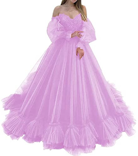 KURFACE Fuori dagli abiti da ballo della spalla per le donne dei ragazzi Appliques del merletto del vestito da cerimonia nuziale di Quinceanera, Lilla, 40