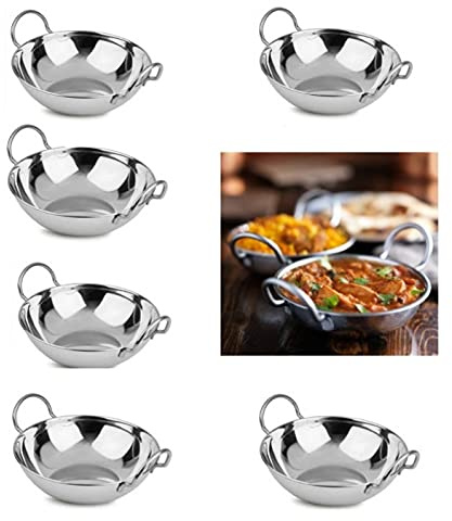 U COOK Balti Dish Set of 6. Curry Karahi 15cm Bowel and Indian Cuisine Stainless Steel Dishes. Restaurant Style Food Cooking and Serving Handled Dishes Small, Medium and Large. (Dish 15cm)