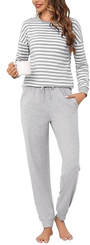 Bresdk Pigiama Donna Cotone Lungo Manica Lunga Leggeri Due Pezzi Invernale | Caldo Collo Rotondo Strisce Striped Pajamas