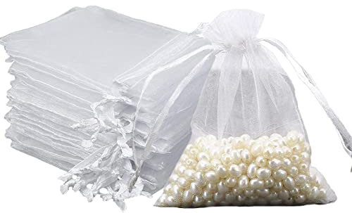 Intckwan 50 sacchetti in organza, colore bianco, 10 x 15 cm, in organza, per gioielli, matrimonio, caramelle, con cordoncino in raso, per festival, feste e matrimoni