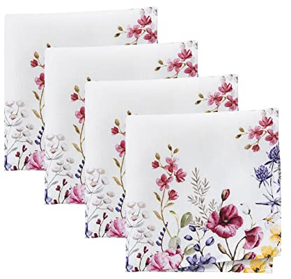 Elrene Home Fashions Poppy Wildflower Botanical Border Fabric Napkins, 17 Inches by 17 Inches, Set of 4