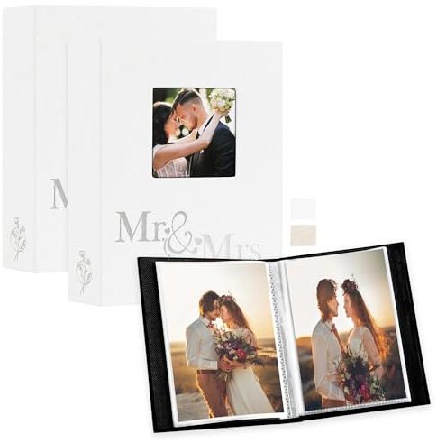 Lanpn Wedding Photo Album 6x4 2 Packs, Each Pack holds 50 Pictures, Slip in Pockets Mini Linen Top Loading Wedding Window Photo Albums for Portrait Only 10x15cm Picture (Mr & Mrs, White)