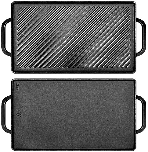 GGC Cast Iron Reversible Griddle, Double-sided Griddle Pan for Indoor and Outdoor Cooking, 15 x 9 Griddle Plate with Flat and Ribbed Side for Stove Tops, Gas Grills and Camping